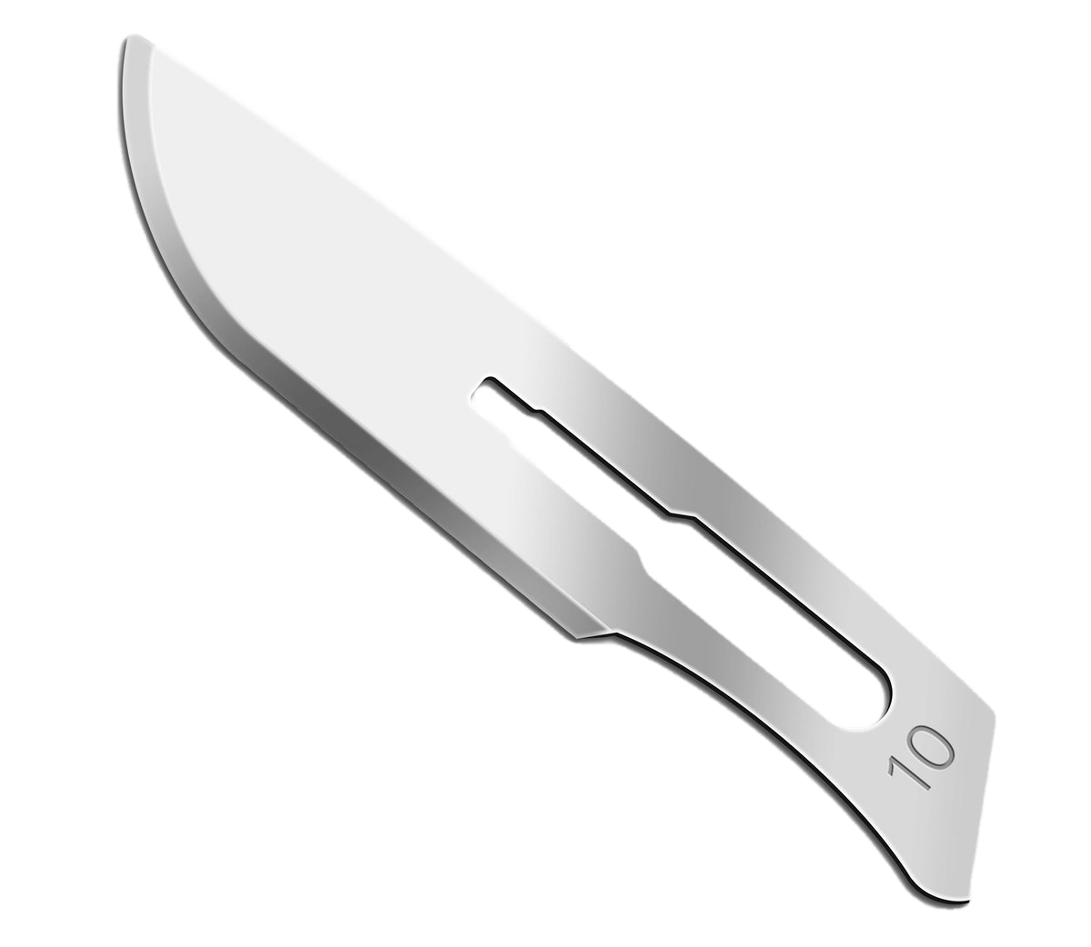 A scalpel blade with a broad tip.
