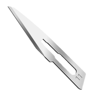 A scalpel blade with a narrow tip.