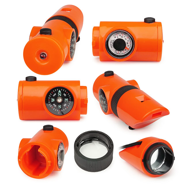 orange 7-in-1 survival whistle - Open